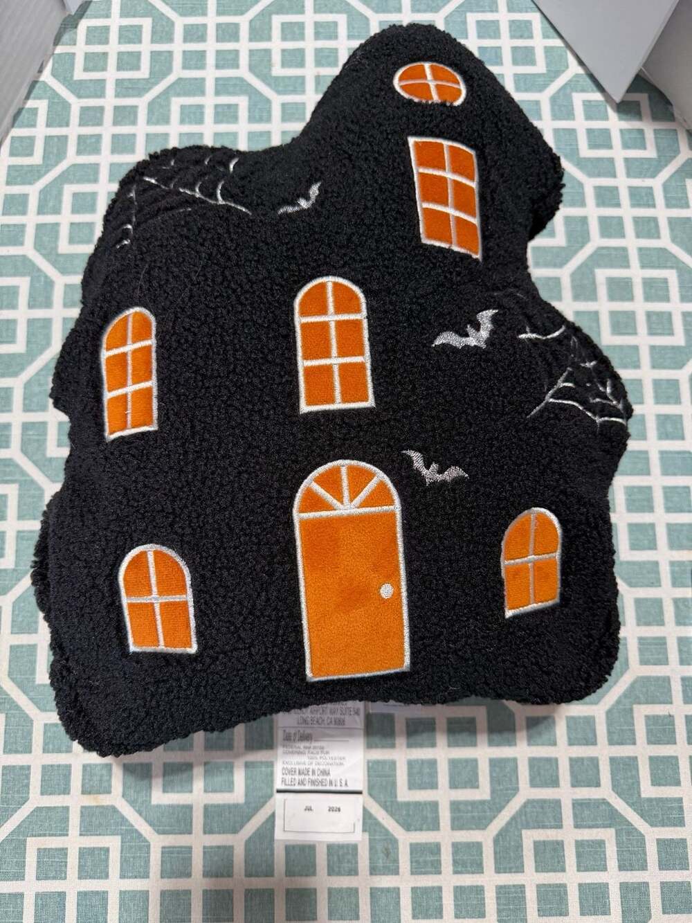 Brentwood Originals Haunted House Throw Pillow Black Faux Fur. BNWT!